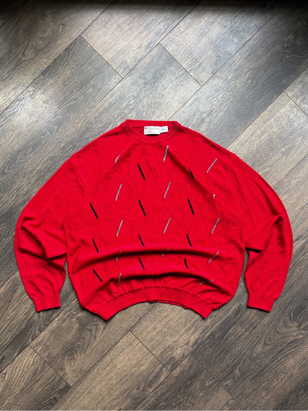 St. Croix Men’s Large 3D Textured Knit Sweater Red Geometric Crewneck Vintage